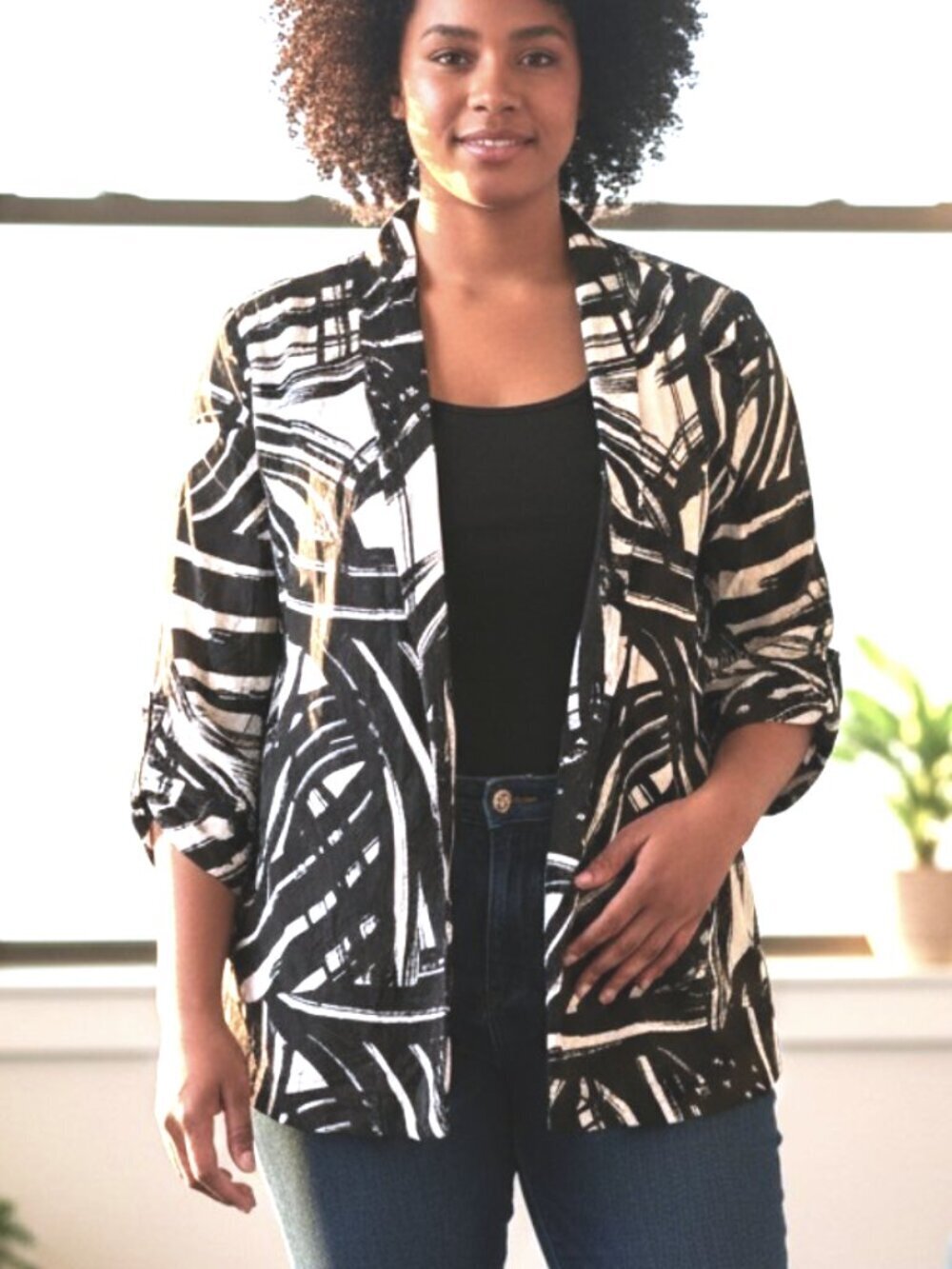 Chicos Silk Open Front Jacket Black White Abstract Geometric Blazer Size 3 XL